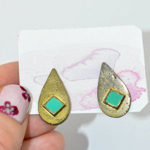 Gold and Teal Geometric Teardrop Stud Earrings